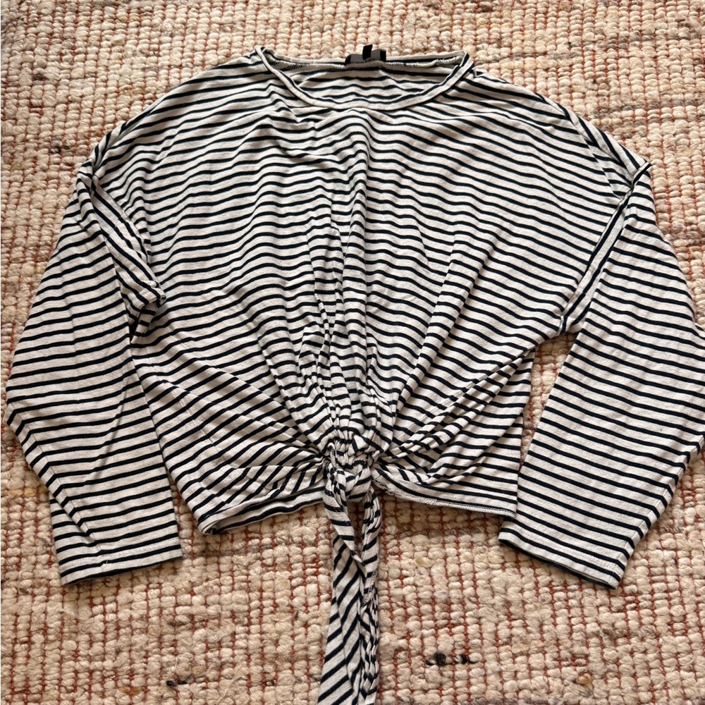 7 for all Mankind Striped Tie-Front Long Sleeve Top - Navy & White